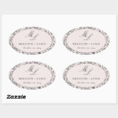 Roze en Zwart Roos Monogram Bruiloft Favor Ovale Sticker (Vel)