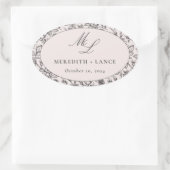 Roze en Zwart Roos Monogram Bruiloft Favor Ovale Sticker (Tas)