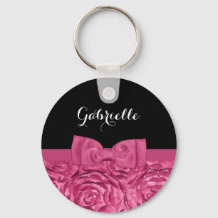  roze en zwart Roos patroon met naam Sleutelhanger