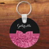  roze en zwart Roos patroon met naam Sleutelhanger (Voorkant)