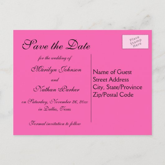 Roze en Zwart Save the Date Briefkaart (Achterkant)