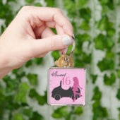 Roze en zwart Sweet 16 Silhouette Meisje met Auto Sleutelhanger (Hand)