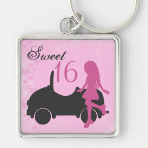 Roze en zwart Sweet 16 Silhouette Meisje met Auto Sleutelhanger