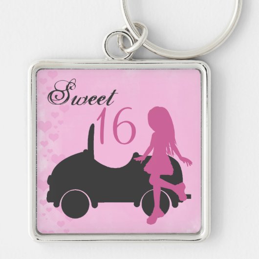Roze en zwart Sweet 16 Silhouette Meisje met Auto Sleutelhanger (Voorkant)