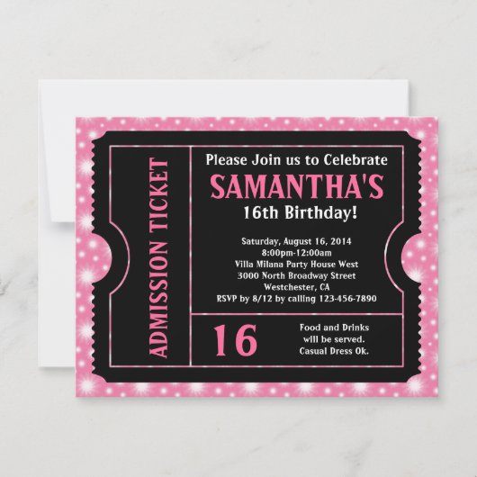 Roze en zwart ticket, Sweet 16 of Any Age Kaart (Voorkant)