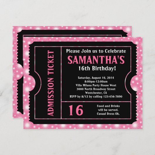 Roze en zwart ticket, Sweet 16 of Any Age Kaart (Voorkant / Achterkant)