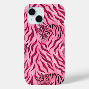 Roze en zwart tijgerprintpatroon iPhone 15 case