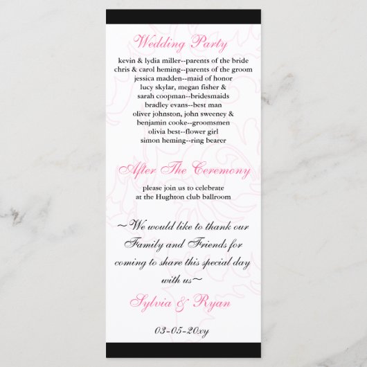 roze en zwart Trouwprogramma Programmakaart (Achterkant)