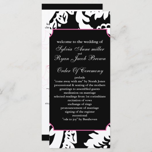 roze en zwart Trouwprogramma Programmakaart (Voorkant / Achterkant)