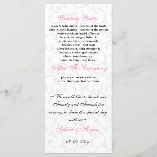 roze en zwart Trouwprogramma Programmakaart (Achterkant)