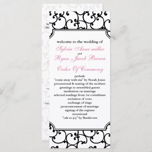 roze en zwart Trouwprogramma Programmakaart (Voorkant / Achterkant)