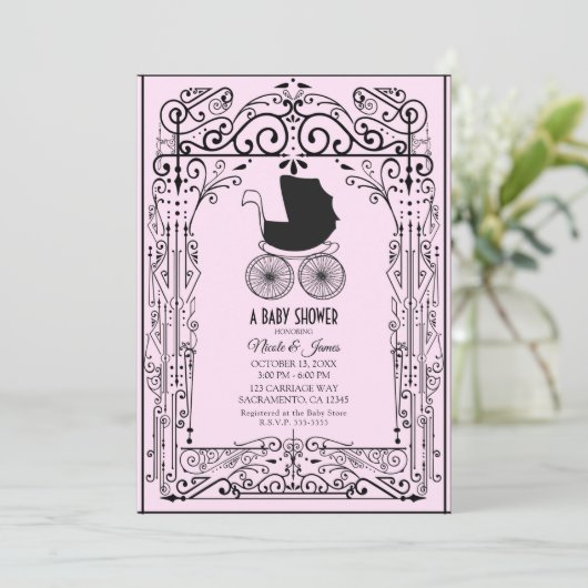 Roze en zwart  vervoerdeco-Baby shower in Kaart (Staand voorkant)