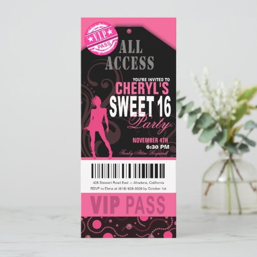 Roze en zwart VIP Sweet 16 Ticket Party Kaart (Staand voorkant)