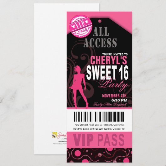 Roze en zwart VIP Sweet 16 Ticket Party Kaart (Voorkant / Achterkant)