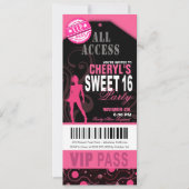 Roze en zwart VIP Sweet 16 Ticket Party Kaart (Voorkant)