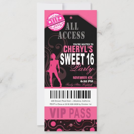 Roze en zwart VIP Sweet 16 Ticket Party Kaart (Voorkant)