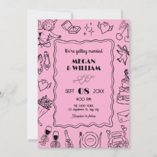 Roze en zwart Wedding line art sketch plezier Kaart