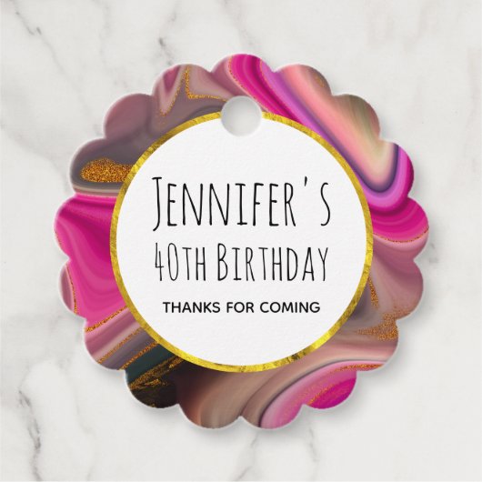 Roze en Zwarte Abstract met Gouden Krullen Verjaar Bedankjes Labels (Voorkant)