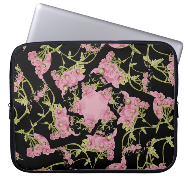 Roze en zwarte Achillea fractale kunst Laptop Sleeve (Voorkant)