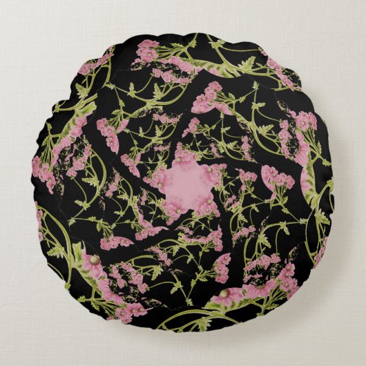 Roze en zwarte Achillea fractale kunst Rond Kussen (Voorkant)