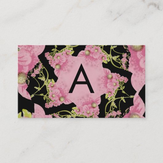 Roze en zwarte Achillea Monogram Visitekaartje (Voorkant)