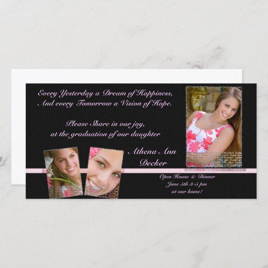 Roze en zwarte Afstuderen Aankondiging & Uitnodigi (Voorkant / Achterkant)