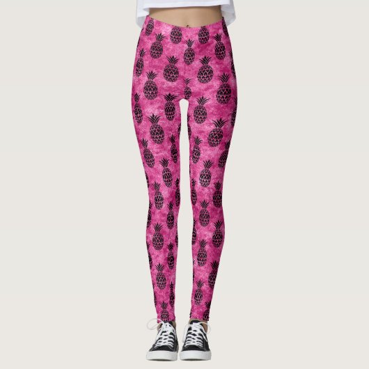Roze en zwarte ananas tropische zomer leggings (Voorkant)