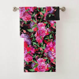 Roze en zwarte aquarel fuchsia bloemen bad handdoek