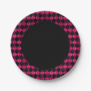 Roze en zwarte argyle geruite feest papieren bord