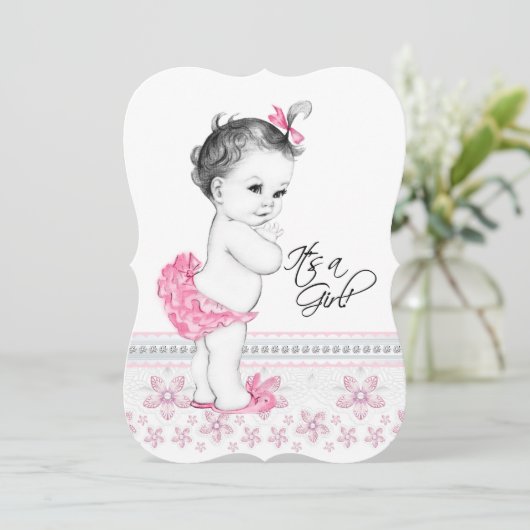  roze en zwarte babymeisjesdouche kaart (Staand voorkant)