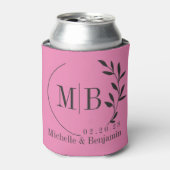 Roze en Zwarte Blad Bruiloftsmonogram Blikjeskoeler (Blikje Voorkant)