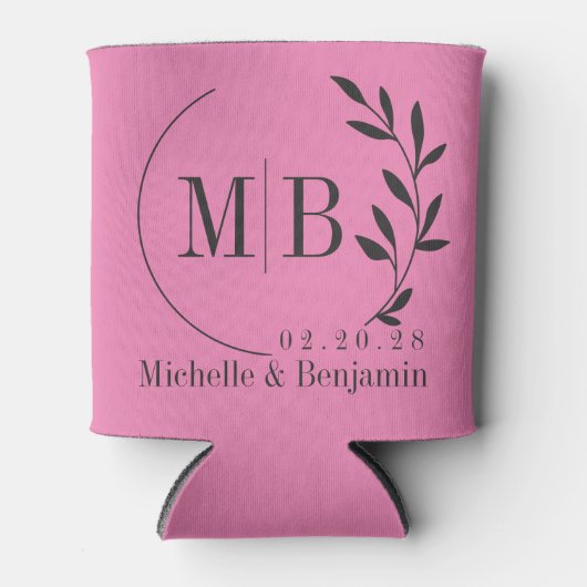 Roze en Zwarte Blad Bruiloftsmonogram Blikjeskoeler (Voorkant)