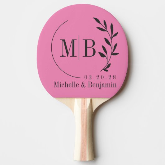 Roze en Zwarte Blad Bruiloftsmonogram Tafeltennisbatje (Voorkant)