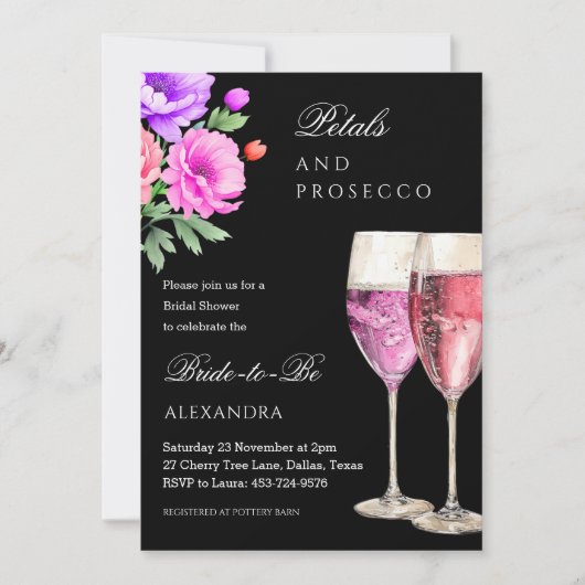 Roze en zwarte bloemblaadjes en Prosecco Vrijgezel Kaart (Voorkant)