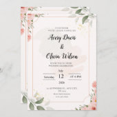 Roze en zwarte bloemen bruiloft uitnodiging (Voorkant / Achterkant)