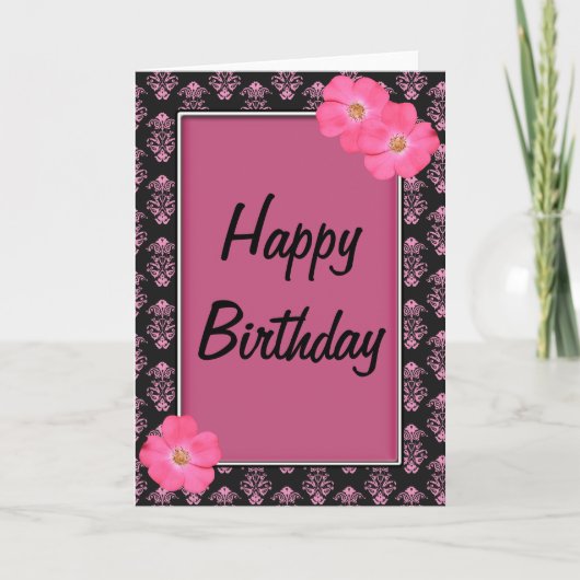 roze en zwarte bloemen Happy Birthday Kaart (Voorkant)
