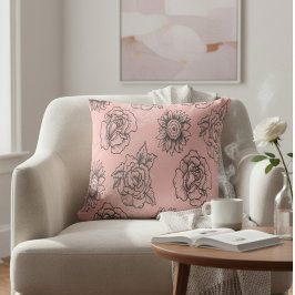 Roze en Zwarte Bloemen Kussen