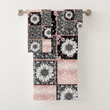 Roze en Zwarte Bloemen Patchwork Patroon