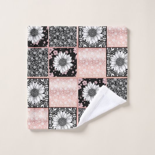 Roze en Zwarte Bloemen Patchwork Patroon Bad Handdoek (Wasdoekje)