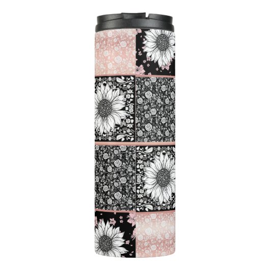 Roze en Zwarte Bloemen Patchwork Patroon Thermosbeker (Achterkant)