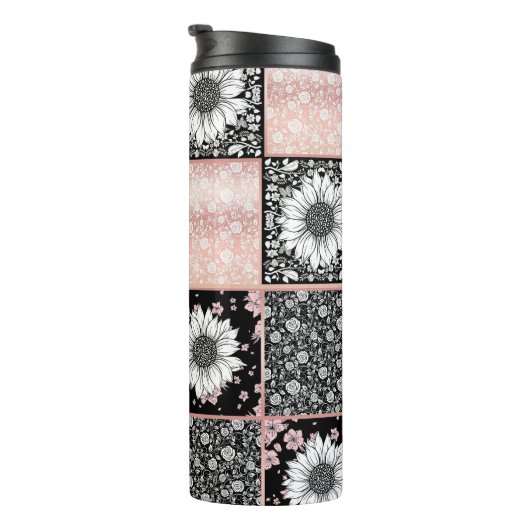 Roze en Zwarte Bloemen Patchwork Patroon Thermosbeker (Geroteerd rechts)