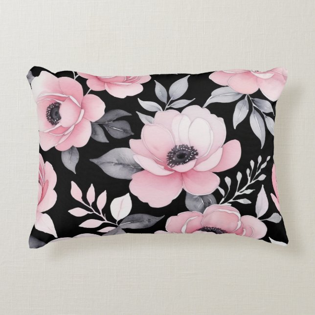 Roze en zwarte bloemenkunst accent kussen (Voorkant)