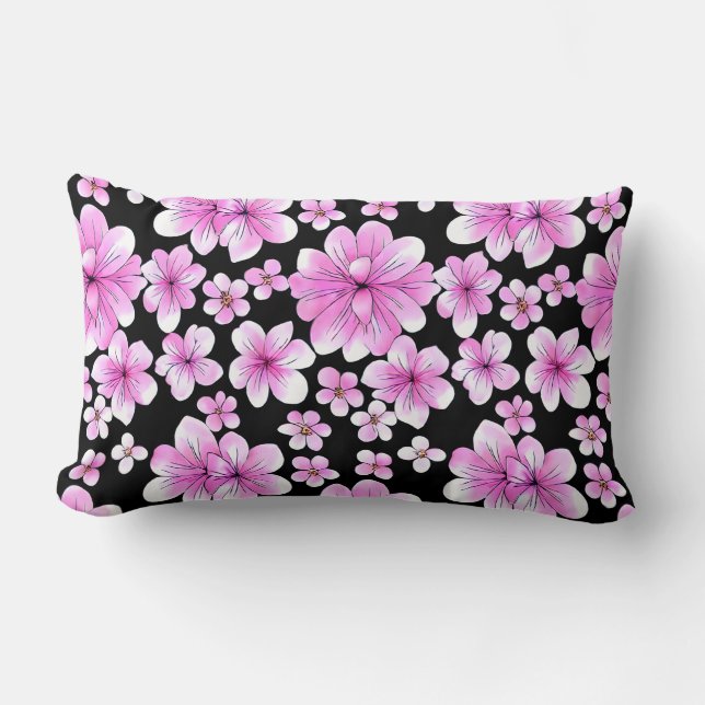 Roze en Zwarte Bloemenkussen Kussen (Voorkant)