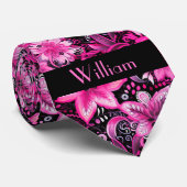 Roze en Zwarte Bloemige Monogram Stropdas (Opgerold)