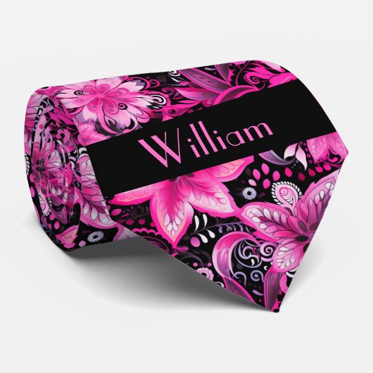 Roze en Zwarte Bloemige Monogram Stropdas (Opgerold)