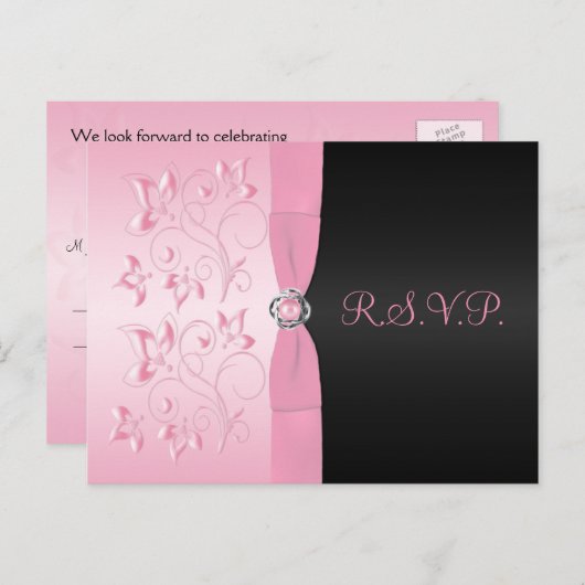 Roze en zwarte bloemige R.S.V.P.-ansichtkaart Uitnodiging Briefkaart (Voorkant / Achterkant)
