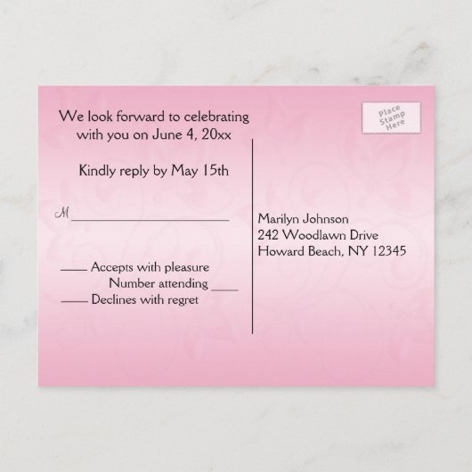 Roze en zwarte bloemige R.S.V.P.-ansichtkaart Uitnodiging Briefkaart (Achterkant)