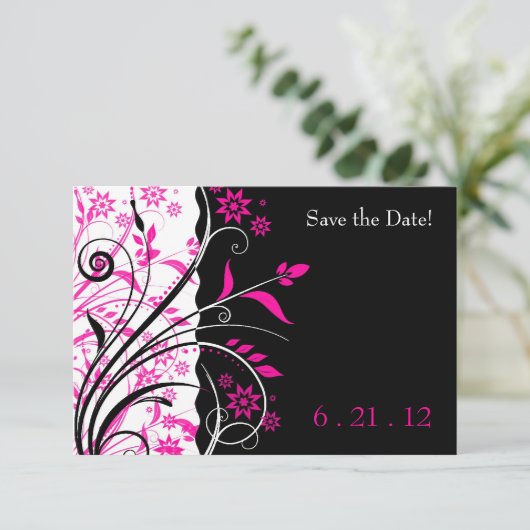 Roze en zwarte bloemige trouwkaart 'Save the Date' Save The Date (Staand voorkant)
