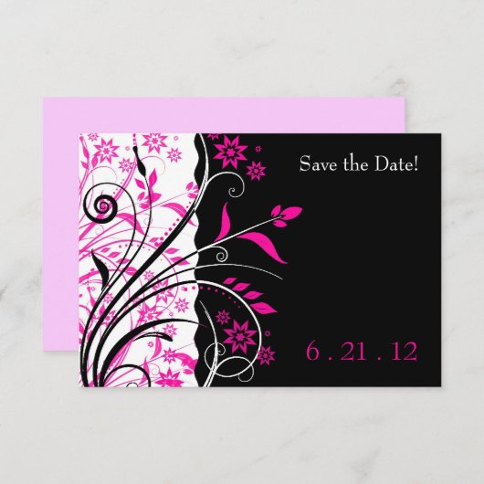 Roze en zwarte bloemige trouwkaart 'Save the Date' Save The Date (Voorkant / Achterkant)