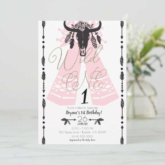 Roze en zwarte Boho Chic Wilde Eerste verjaardag Kaart (Staand voorkant)